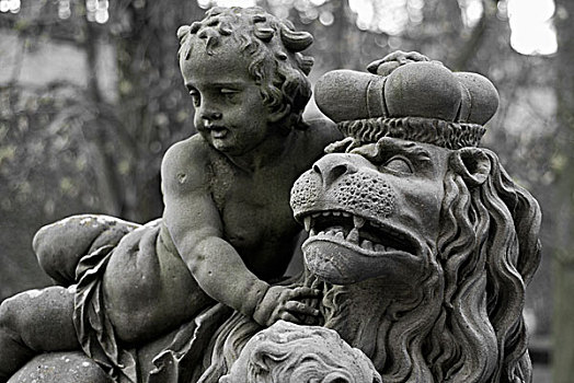 雕塑,孩子,狮子,国王,公园,宫殿,维尔茨堡,巴伐利亚,德国