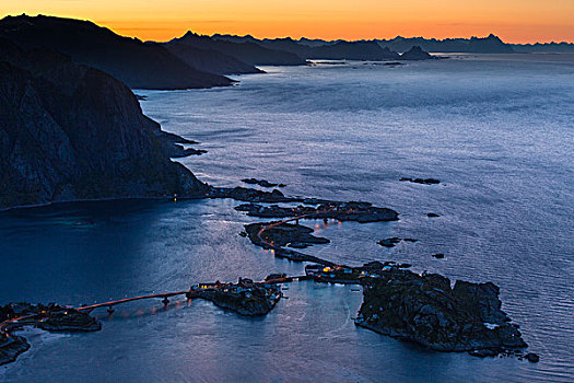风景,子夜太阳,山,莫斯克内斯,罗弗敦群岛,挪威,欧洲