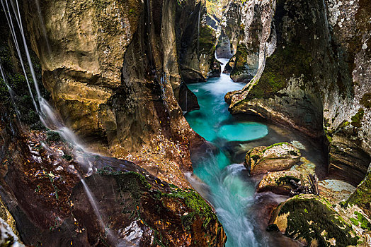 河,狭窄,峡谷,索卡谷,特拉维夫,国家公园,斯洛文尼亚,欧洲
