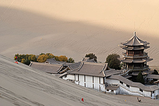 风景,沙子,沙丘,戈壁,沙漠,上方,月牙状,湖,中国,塔,敦煌,丝绸之路,甘肃,亚洲