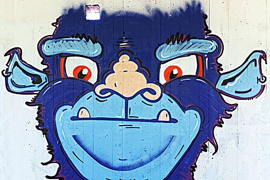 蓝色,怪兽,有趣,猴子,脸,涂鸦,街头艺术,杜塞尔多夫,北莱茵威斯特伐利亚,德国,欧洲