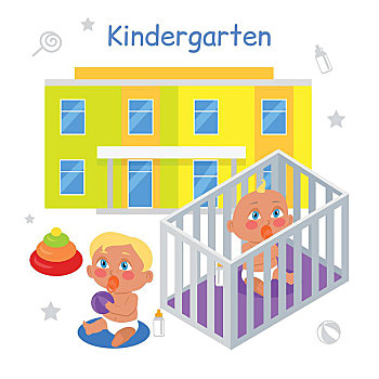 幼儿园,插画,两个孩子,奶嘴,玩,地面,背景,婴儿,奶瓶