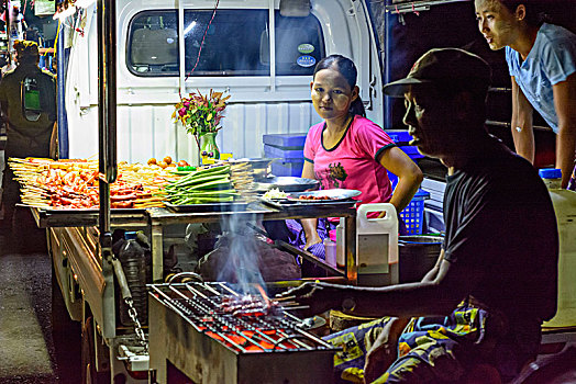夜晚,餐食,站立,孟邦,缅甸