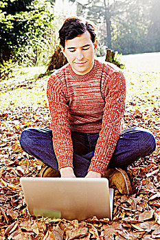 男人,坐,树叶,笔记本电脑