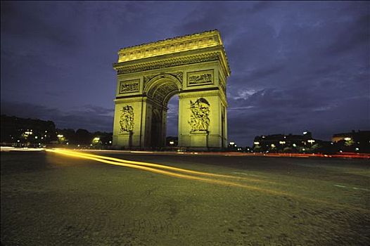 拱形,巴黎,结束,香榭丽舍大街,照片,夜晚,汽车,前灯,条纹,灯,法国