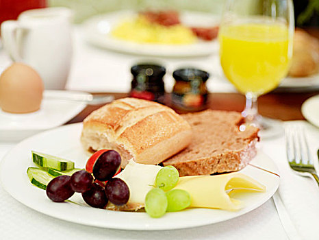 早餐,面包,奶酪,葡萄,橙汁,蛋