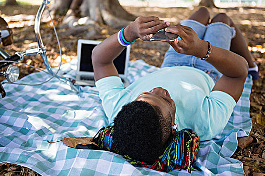 男青年,打手机,躺着,野餐毯,公园
