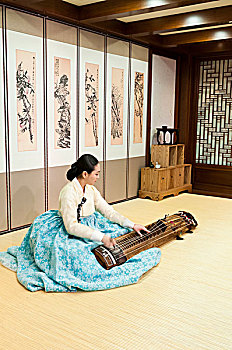 年轻,韩国人,女人,演奏,传统乐器,仁川,国际机场,候机楼,文化,中心