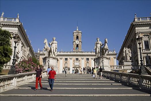 楼梯,广场,坎皮多利奥,骑马雕像,两个,市政厅,罗马,意大利,欧洲