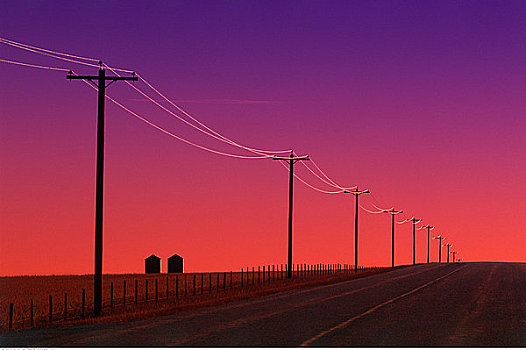 乡间小路,电线,日出,靠近,溪流,艾伯塔省,加拿大