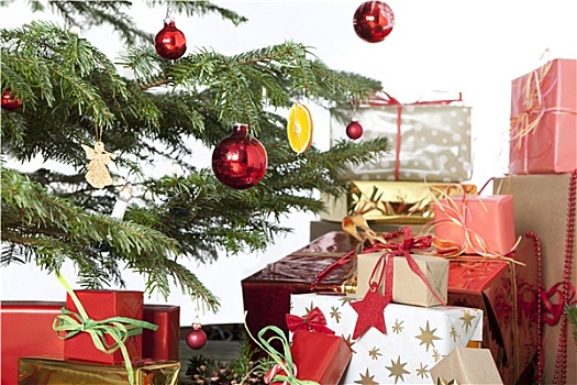 圣诞树,红色,球,礼物