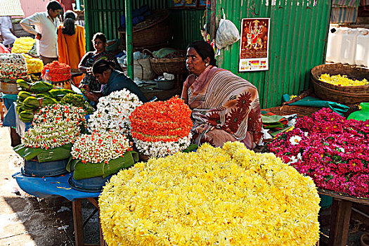 花,货摊,市场,迈索尔,印度南部,印度,南亚,亚洲