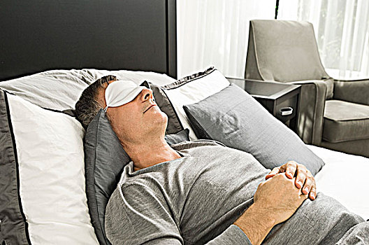 男人,睡觉,床,戴着,眼罩