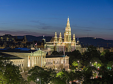 风景,议会,市政厅,夜晚,维也纳,奥地利,欧洲