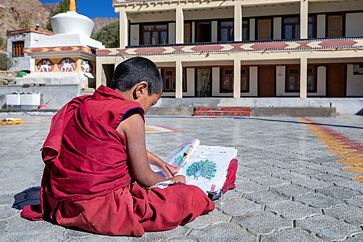 小,男学生,户外,寺院,喇嘛寺,拉达克,克什米尔,印度,亚洲