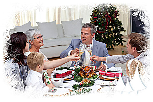 家庭,圣诞晚餐,香槟