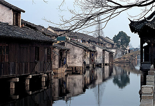 传统,中国,民俗,房子,河,城镇
