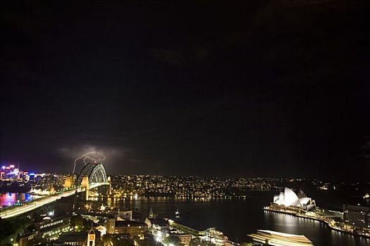 悉尼,澳大利亚,剧院,海港大桥,光亮,夜晚,闪电,远景