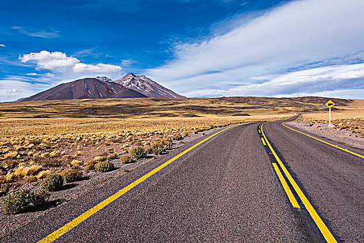 道路,阿塔卡马沙漠,排列,黄色,秘鲁,后面,火山,佩特罗,省,安托法加斯塔大区,大,智利,南美