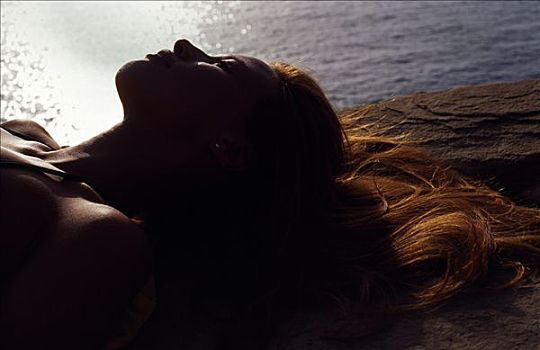 女孩,躺着,沙子,地中海