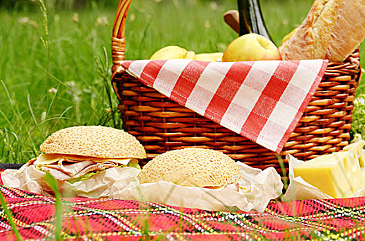 野餐篮,苹果,面包,奶酪,葡萄酒,三明治