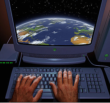 手,用电脑,地球,显示屏