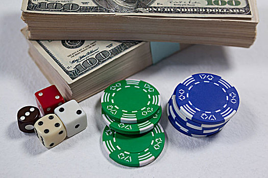 美元,骰子,赌场,筹码,白色背景,背景,特写
