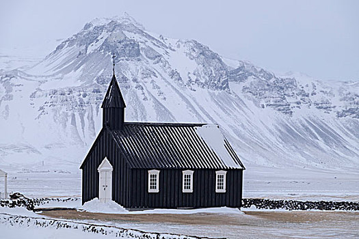 黑色,教堂,冬天,后背,斯奈山半岛,山