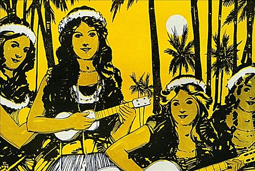 乐谱,夏威夷,草裙舞,女孩,演奏,夏威夷四弦琴