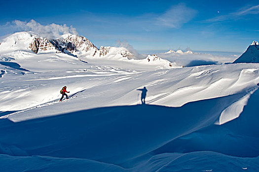 看,缝隙,边远地区,滑雪者,去皮,向上,冰河,影子,摄影师,阿拉斯加山脉,冬天,阿拉斯加