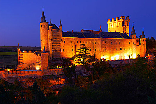 城堡,黄昏,塞戈维亚,区域,卡斯提尔,西班牙,欧洲