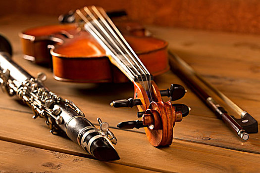 经典,音乐,小提琴,单簧管,旧式,木头
