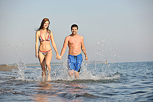 高兴,年轻,情侣,开心,浪漫,海滩,夏季,旅行,概念