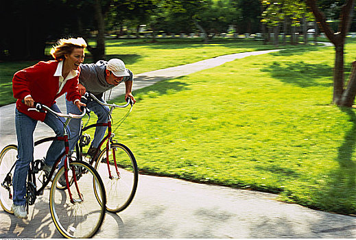 伴侣,骑,自行车,小路,公园
