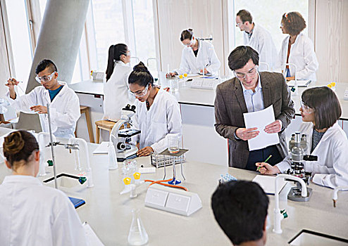 科学,教授,大学生,显微镜,实验室,教室