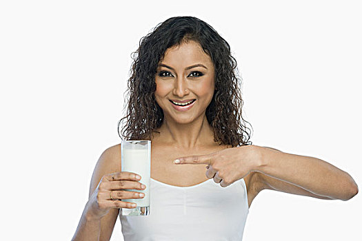 女人,肖像,指点,牛奶杯