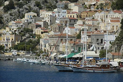彩色,赭色,房子,帆船,哈伯岛,希腊