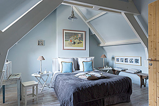 木质,屋顶,阁楼,卧室,蓝色