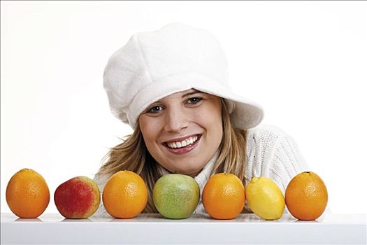 女青年,戴着,白人,帽子,后面,苹果,橘子,柠檬