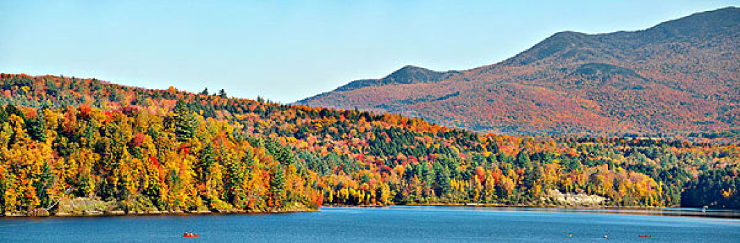 湖,秋叶,山,新英格兰