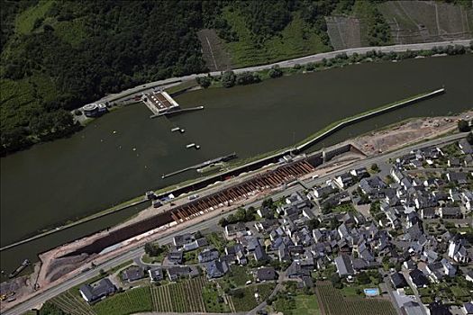 航拍,建筑工地,锁,摩泽尔河,莱茵兰普法尔茨州,德国,欧洲
