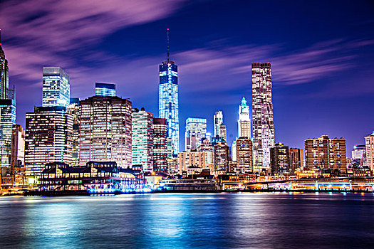 夜晚,全景,曼哈顿,纽约,美国