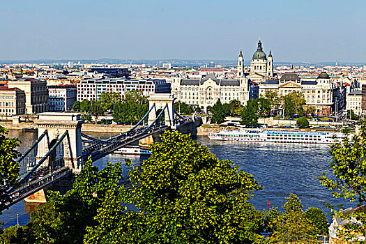 航拍,链索桥,上方,多瑙河,布达佩斯