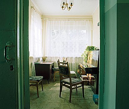 风景,鲜明,阳光,照亮,房间,椅子,钢琴,室内,俄罗斯