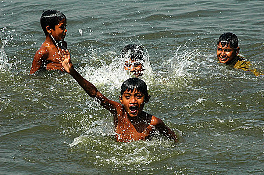 孩子,沐浴,水塘,孟加拉