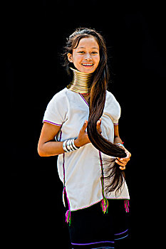 年轻,山,部落,女人,梳头,清迈,泰国,亚洲