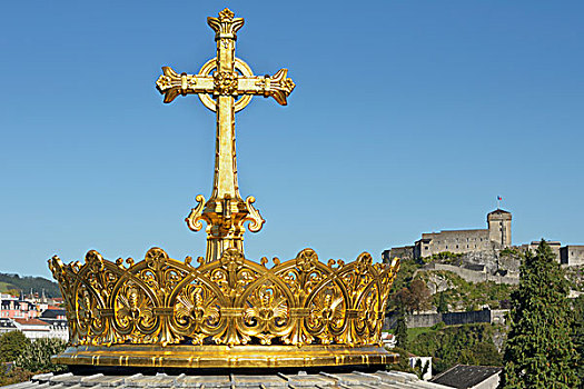 黄金,皇冠,十字架,大教堂,圆顶,城堡,背景,保护区,圣母,卢尔德,法国
