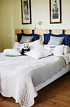双人床,被子,蓝色,棉絮,垫,悬挂,钩,木质,床头板