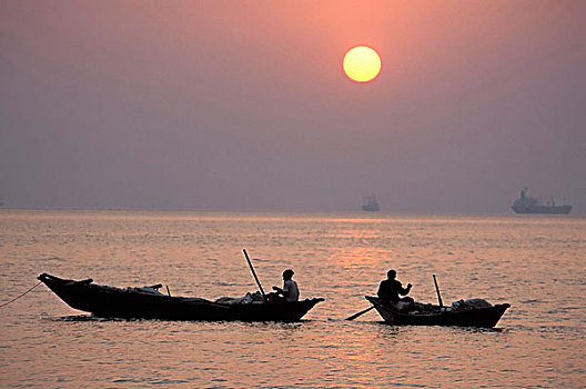 渔船,海滩,日落,孟加拉