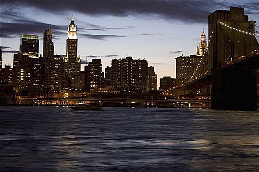 桥,河,背景,黄昏,布鲁克林大桥,东河,曼哈顿,纽约,美国